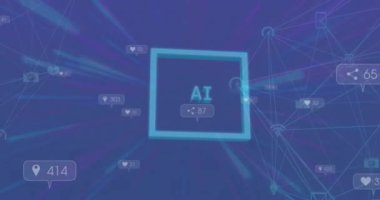 Ai metninin animasyonu, beyinde kare şeklinde ve soyut arkaplan üzerinde uyarı çubukları var. Dijital olarak üretilmiş, hologram, teknoloji, yapay zeka, makine öğrenmesi, sosyal medya hatırlatması.