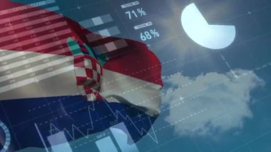 Hırvat bayrağı üzerinde istatistik ve mali veri işleme animasyonu. Küresel iş, finans, bağlantılar, hesaplama ve veri işleme kavramı dijital olarak oluşturulmuş video.