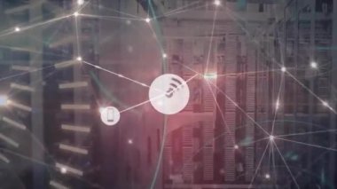 Veri işleme ve 5g metin üzerinde simgelerle bağlantı ağının animasyonu. Dijital olarak oluşturulmuş küresel bağlantılar, bilgisayar ve dijital arayüz kavramı.