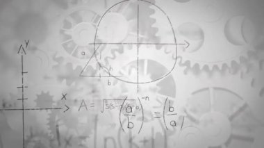 Matematiksel denklemin animasyonu ve beyaz zemin üzerinde mekanik dişli diyagramlar. Dijital olarak üretilen hologram, illüstrasyon, formül, mekanizma, çözüm ve eğitim kavramı.
