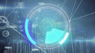 Karanlık arka planda tarama, bağlantılar ve veri işleme animasyonları. Dijital olarak oluşturulmuş küresel bağlantılar, hesaplama ve veri işleme kavramı.