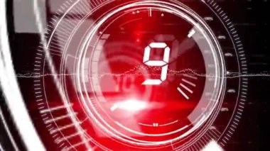 Siyah arkaplandaki ışık izlerinin geri sayımı ile birlikte dürbün taramasının animasyonu. Teknoloji, bilgisayar ve dijital arayüz kavramı dijital olarak oluşturuldu.