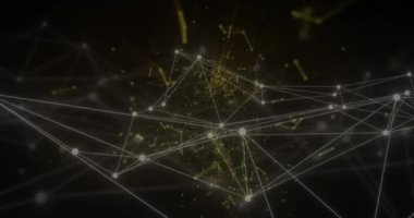 Siyah arkaplan üzerindeki çizgilerle bağlantılı beyaz ve altın renkli noktaların animasyonu. Dijital olarak üretilmiş, hologram, illüstrasyon, bağlantı, iletişim ve teknoloji kavramı.