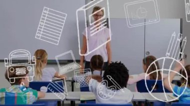 Eğitim okulu ikonlarının sınıftaki çeşitli okul çocukları üzerindeki animasyonu. Küresel eğitim, öğrenim ve ilkokul konsepti dijital olarak oluşturuldu.