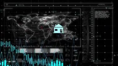Ekranda dünya haritası ve finansal veri işleme animasyonu. Küresel iş, finans, bağlantılar, hesaplama ve veri işleme kavramı dijital olarak oluşturulmuş video.