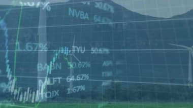 Grafiklerin animasyonu, değişen sayılar, ticaret tahtaları, dağlara karşı çimenli bir arazide yel değirmeni. Dijital bileşik, çoklu pozlama, rapor, iş, büyüme, borsa, sürdürülebilir enerji.