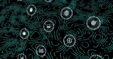 Siyah arkaplandaki simgelerle bağlantı ağının animasyonu. Küresel ağlar, bağlantılar, hesaplama ve veri işleme kavramı dijital olarak oluşturulmuş video.