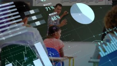 Değişik erkek öğretmenlerin karatahta öğrencilere öğrettiği infografik arayüzün animasyonu. Dijital bileşik, çoklu pozlama, rapor, iş, küresel, çocukluk ve eğitim kavramı.