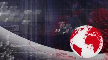 Bilgisayar sunucuları üzerinden küresel ve veri işleme animasyonu. Küresel iş, finans, bağlantılar, hesaplama ve veri işleme kavramı dijital olarak oluşturulmuş video.