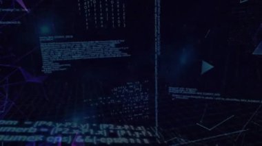 Siyah arkaplan üzerinde veri işleme animasyonu. Dijital olarak oluşturulmuş küresel bağlantılar, hesaplama ve veri işleme kavramı.