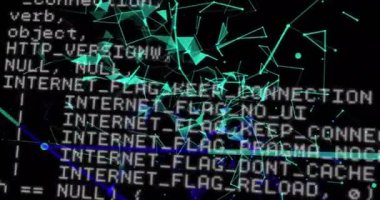 Siyah arkaplanda mavi soyut şekiller üzerinde veri işleme animasyonu. Bilgisayar, veri işleme, soyutlama ve dijital arayüz kavramı dijital olarak oluşturuldu.