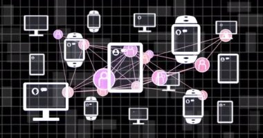 Bağlı simgelerin animasyonu, bilgisayarlardaki ai chat arayüzü, akıllı mesajlar ve cep telefonları. Dijital olarak üretilmiş, hologram, iletişim, yapay zeka, makine öğrenme ve teknoloji.