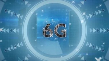 Kapsam ve veri işleme ile 6G metin animasyonu. Küresel iş, bilgisayar, veri işleme ve bağlantılar konsepti dijital olarak oluşturulmuş video.