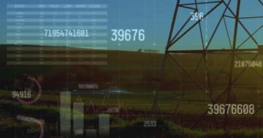 Sahadaki elektrik direği üzerinde finansal veri işleme animasyonu. Dijital olarak oluşturulan küresel finansman, enerji ve çevre konsepti.