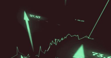 Siyah zemin üzerinde veri işleme okları ile grafik animasyonu. İş, finans, bilgisayar ve dijital arayüz kavramı dijital olarak oluşturulmuş video.