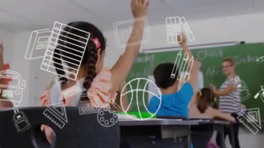 Eğitim okulu ikonlarının sınıftaki çeşitli okul çocukları üzerindeki animasyonu. Küresel eğitim, öğrenim ve ilkokul konsepti dijital olarak oluşturuldu.