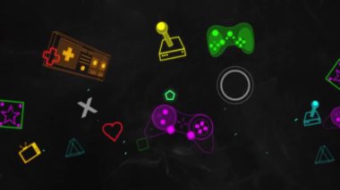 Siyah arkaplanda video oyunu simgelerinin ve neon desenlerin animasyonu. Genel video oyunu, hesaplama, veri işleme ve bağlantılar konsepti dijital olarak oluşturuldu.