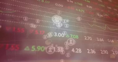 Kara zemin üzerindeki diyagramlar üzerinde borsa ve kullanıcı simgelerinin animasyonu. Küresel iş ve dijital arayüz kavramı, dijital olarak oluşturulmuş video.