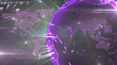 Siyah arkaplanda dünya haritası ve dünya ile bağlantı ağının animasyonu. Dijital olarak oluşturulmuş küresel bağlantılar, bilgisayar ve dijital arayüz kavramı.