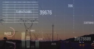 Sahadaki elektrik direkleri üzerinde finansal veri işleme animasyonu. Dijital olarak oluşturulan küresel finansman, enerji ve çevre konsepti.