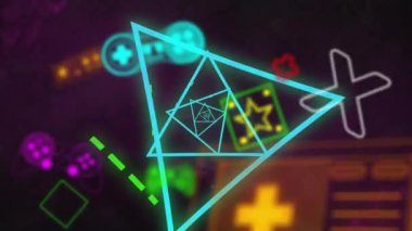 Siyah arkaplanda video oyunu simgelerinin ve neon desenlerin animasyonu. Genel video oyunu, hesaplama, veri işleme ve bağlantılar konsepti dijital olarak oluşturuldu.