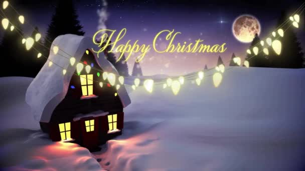Animation Von Fröhlichen Weihnachtstexten Lichter Über Dem Haus Auf Schneebedecktem — Stockvideo