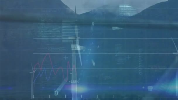 Animace Grafů Binárních Kódů Počítačového Jazyka Nad Rotujícími Větrnými Mlýny — Stock video
