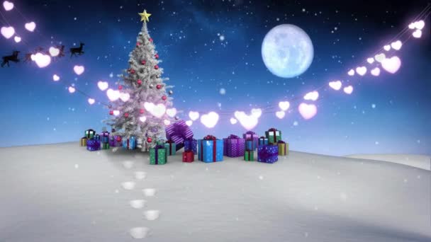 灯火通明 礼品盒上降雪 圣诞树装饰华丽 三塔骑雪橇 数字生成的全息图 抽象概念和庆祝概念 — 图库视频影像