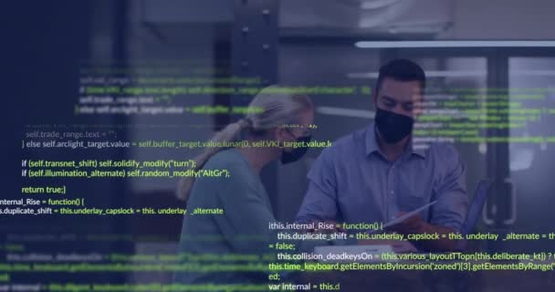 보고서 마스크를 코카서스 동료에 컴퓨터 언어의 애니메이션 디지털 Covid 팀워크 — 비디오
