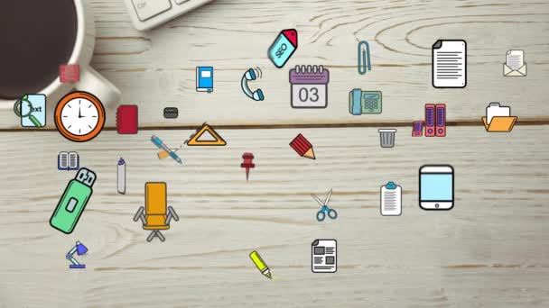 Animation Von Bunten Symbolen Über Kaffeetasse Und Tastatur Auf Holztisch — Stockvideo