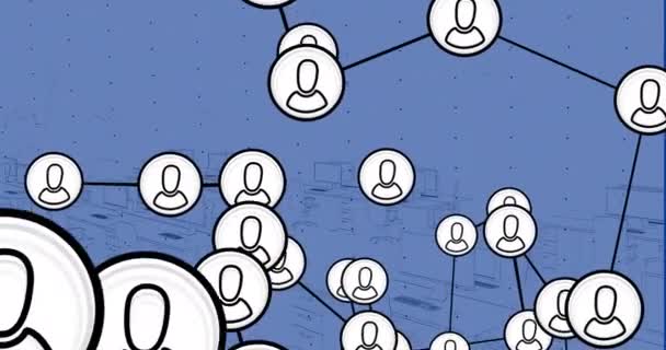 Animation Verbundener Icons Über Digitalen Arbeitsplatzentwurf Vor Blauem Hintergrund Digital — Stockvideo