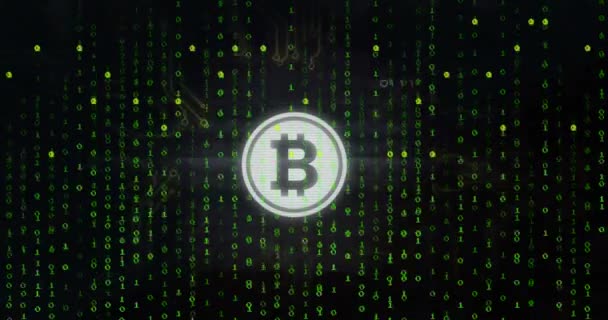 Animación Del Icono Bitcoin Sobre Procesamiento Datos Codificación Binaria Criptomoneda — Vídeo de stock