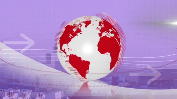 Animazione Globo Rotante Frecce Con Lente Brillare Sopra Città Moderna — Video Stock