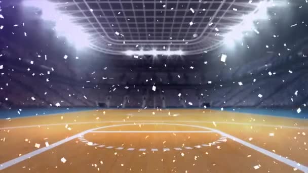 在空荡荡的篮球场房顶上的灯光下 从天而降的斗篷动画 数码合成 多重曝光 抽象概念和竞争概念 — 图库视频影像