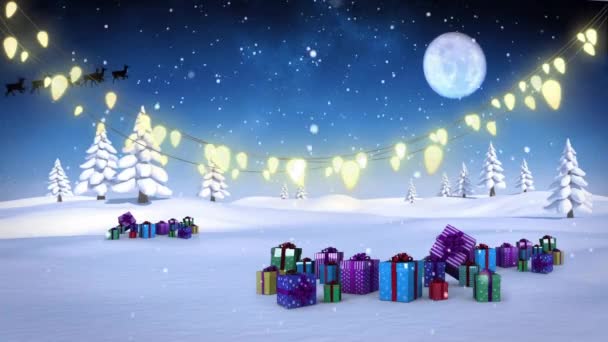 Animation Von Schneefall Über Lichtern Geschenkschachteln Und Bäumen Auf Schneebedecktem — Stockvideo