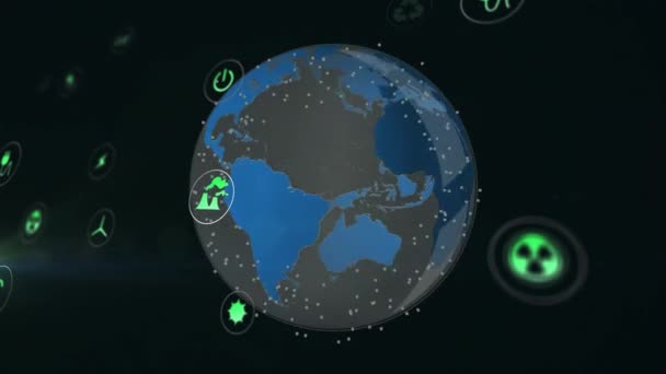 黒い背景に地球上のスポットやアイコンのアニメーション グローバルエコロジー エネルギー デジタルインターフェースのコンセプトがデジタル生成されたビデオ — ストック動画