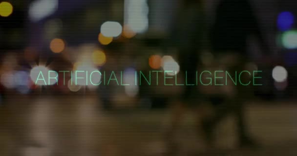 Анимация Текста Искусственного Интеллекта Над Городским Пейзажем Глобальная Бизнес Технологическая — стоковое видео