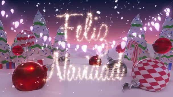 Animazione Nevicate Bagattelle Bastone Campana Feliz Navidad Testo Alberi Contro — Video Stock