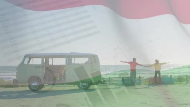 Bilgi Arayüzü Animasyonu Macar Bayrağı Plajda Keyfine Bakan Çeşitli Çiftler — Stok video