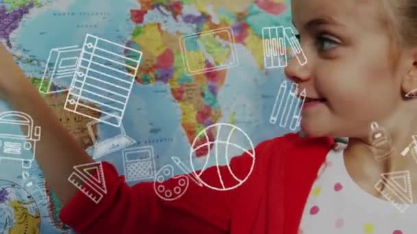 Animatie Van Educatieve School Iconen Diverse Schoolkinderen Klas Mondiaal Onderwijs — Stockvideo