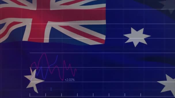 在澳大利亚国旗上进行统计和财务数据处理的动画制作 全球商业 计算和数据处理概念 — 图库视频影像