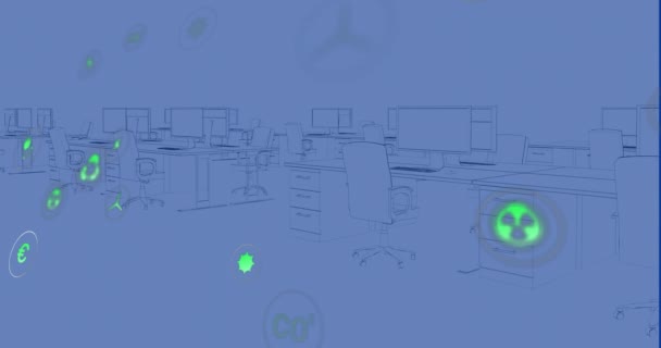 Animation Nachhaltiger Symbole Die Über Dem Digitalen Arbeitsplatz Büro Schweben — Stockvideo