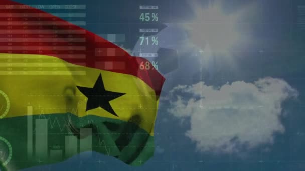 Анимация Обработки Финансовых Данных Над Флагом Ганы Глобальный Бизнес Вычислительная — стоковое видео