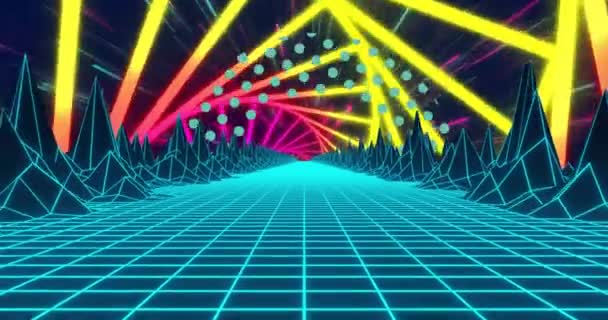Animation Model Mountains Grid Pattern Multicolored Tunnel Digitally Generated Hologram — Stock Video
