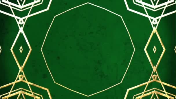 緑色の背景の上に複数の幾何学的な形状のアニメーション デジタル生成 ホログラム イラスト マンダラ 対称性 デザイン パターン 抽象概念 — ストック動画