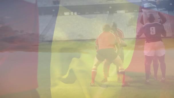 Animation Waving Belgium Team Diverse Male Rugby Players Playing Rugby — Stock Video