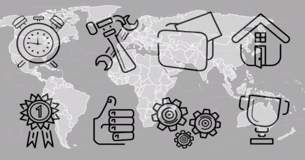 Анимация Бизнес Икон Карте Мира Сером Фоне Глобальная Концепция Бизнеса — стоковое видео