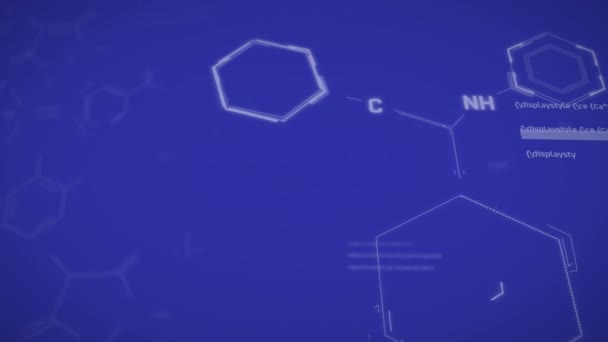 Animatie Van Wiskundige Vergelijking Met Moleculen Structuren Tegen Blauwe Achtergrond — Stockvideo