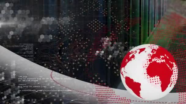 Анимирование Глобуса Обработка Данных Через Компьютерные Серверы Концепция Глобального Бизнеса — стоковое видео