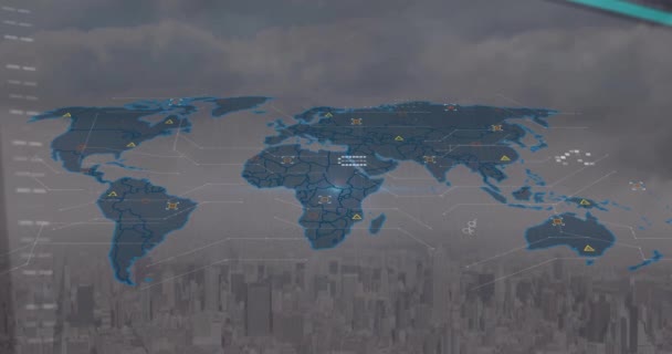 Animazione Del Linguaggio Informatico Mappa Sul Paesaggio Urbano Moderno Contro — Video Stock